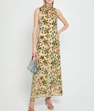 Sleeveless Floral Maxi Dress Tan Olive Green Blue - Women